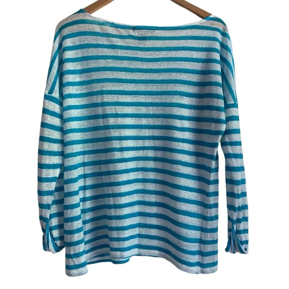 Lauren Ralph Lauren Top Linen Large White Blue Striped Dolman Sleeve Euro Summer - Picture 2 of 12